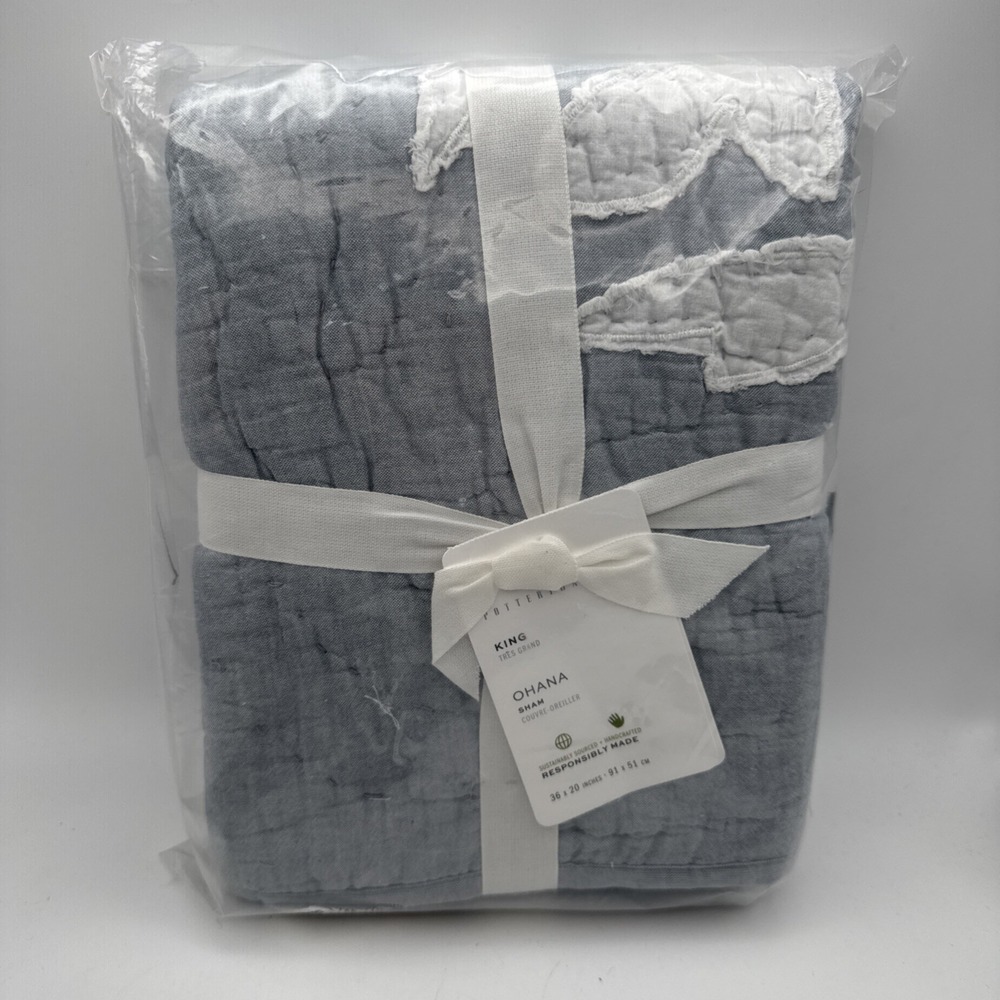 Pottery Barn Ohana King Pillow Sham Chambray‎ Blue Quilted Hawaiian Coastal